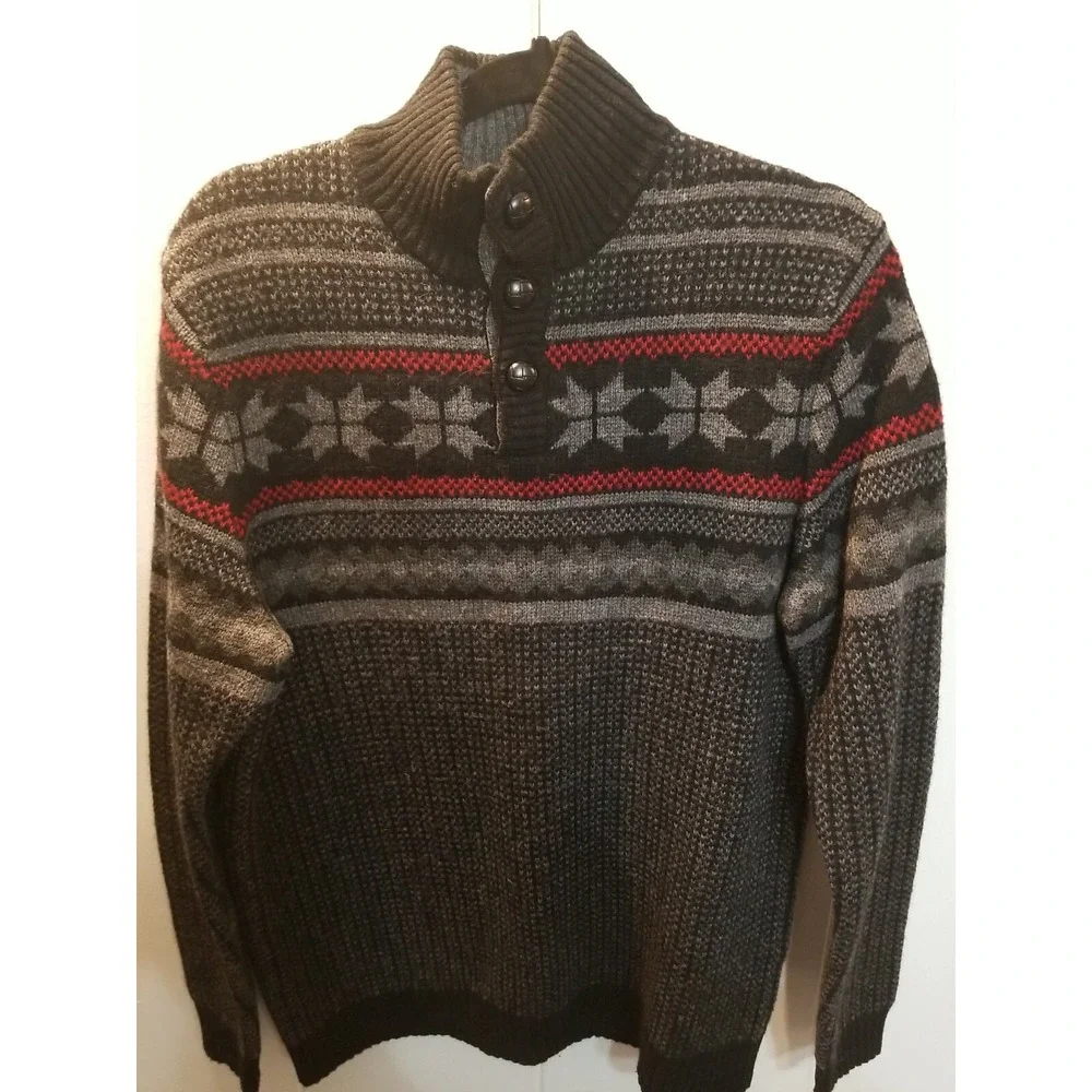 Club  Room Mens‎ L Wool  Blend Black Gray Red Fair Isles Button Pullover Sweater